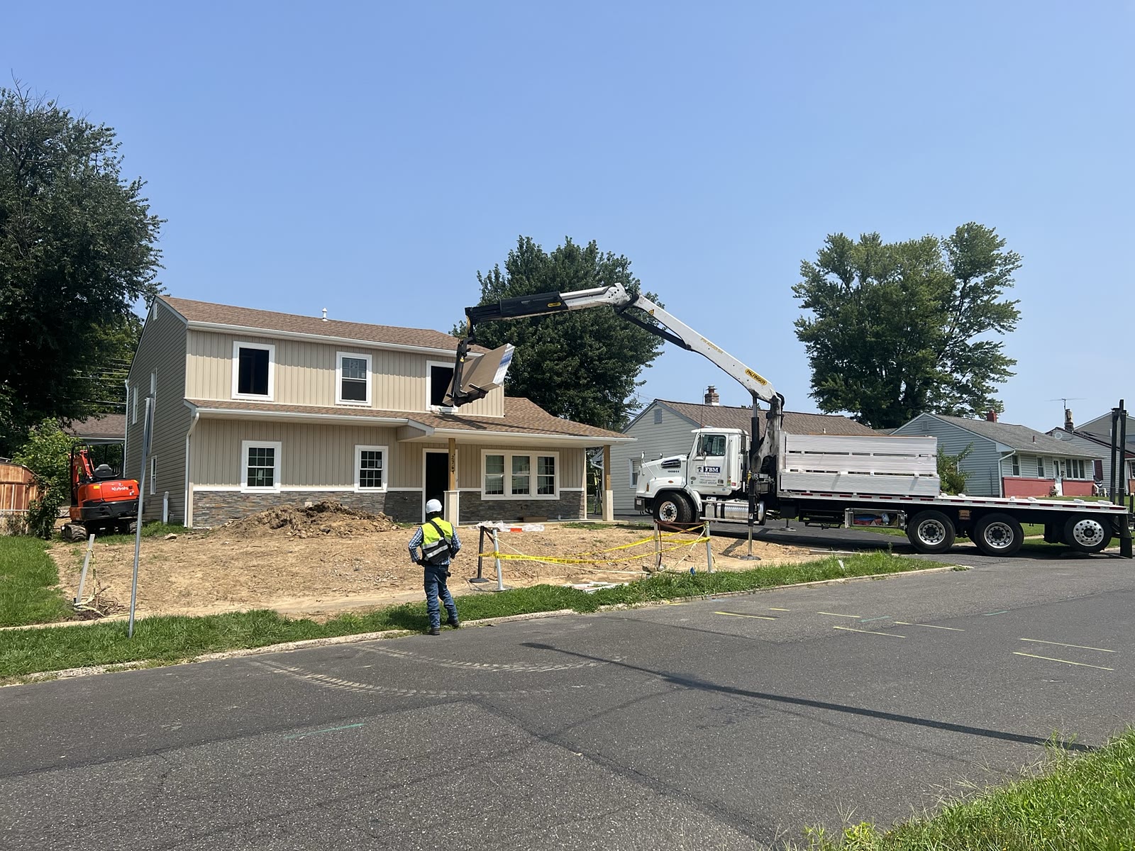 New construction two-story home build with material delivery, Bensalem PA