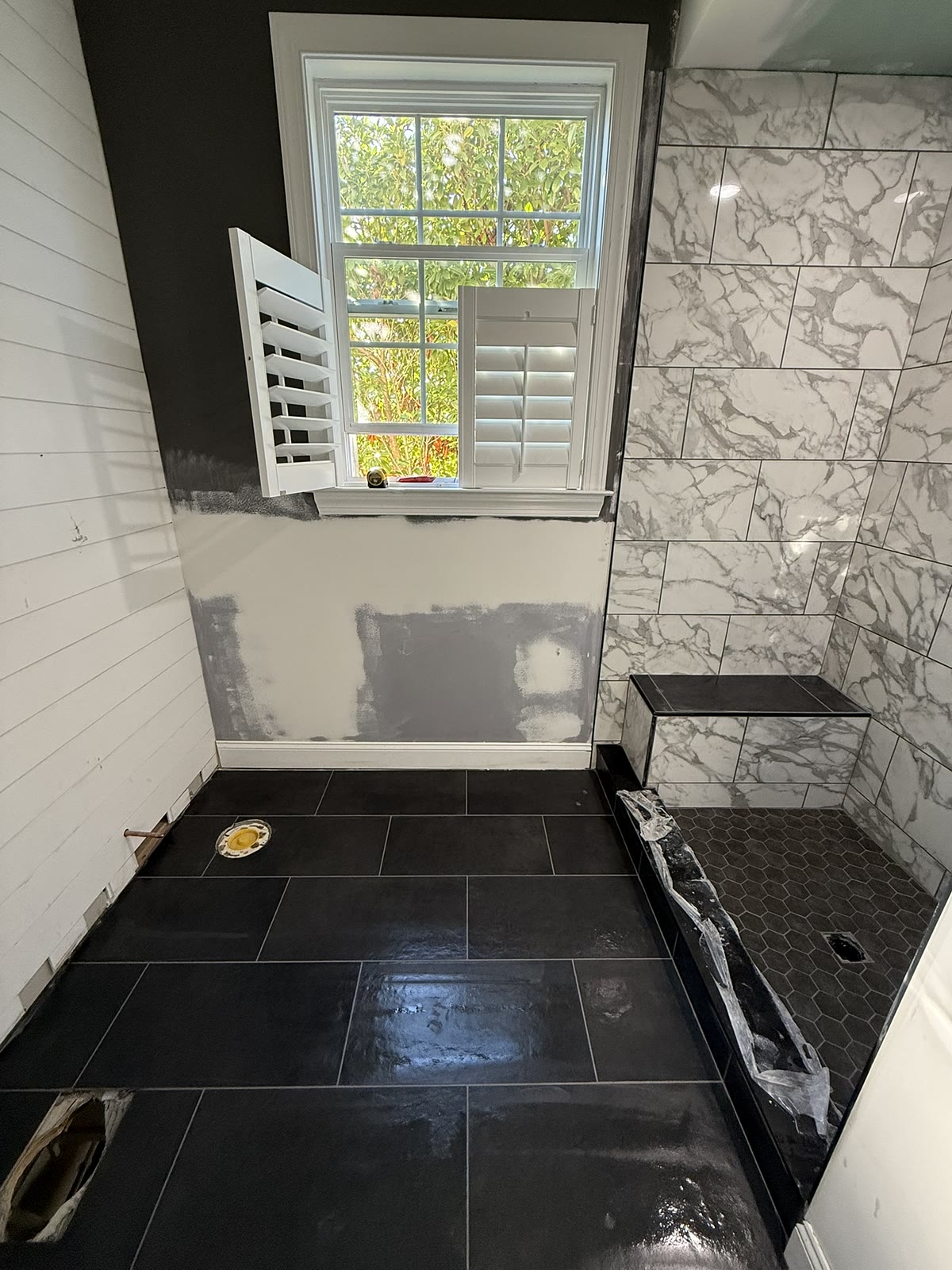 Marble bathroom remodel in progress, Newtown