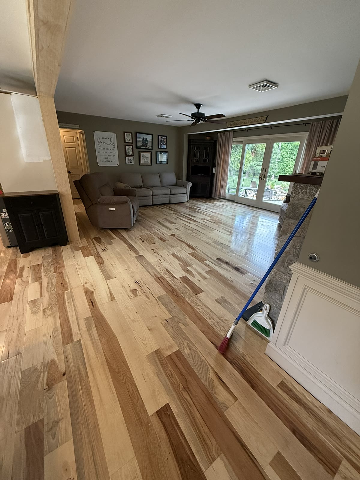 Natural maple hardwood floor installation in living room, Ivyland
